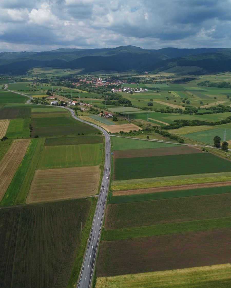 Kaimo kraštovaizdis su laukais, miškais ir sodybomis iš oro